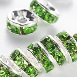 Бусины разделители со стразами, класс А, латунь, рондель, цвет серебро/зелёный, размер: 6х3мм, отверстие 1мм, в упаковке 10 шт.