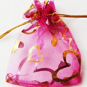 Kinkekott organza 9x7mm tume roosakaslilla kuldsete südametega, pakis 5 tk
