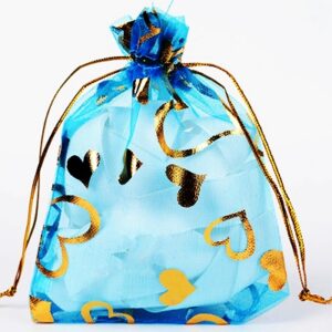 Lahjapussi 12x10cm organza, sininen/kulta - pakkaus 5 kpl