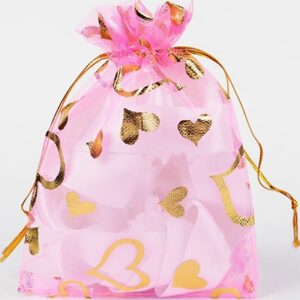 Lahjapussi 12x10cm organza, vaaleanpunainen/kulta - pakkaus 5 kpl