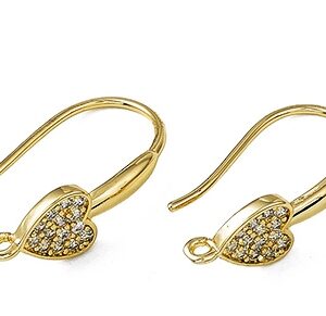 Kõrvarõngahaagid Südamega  tsirkoonidega 20x13mm, messingist, 18K kullaga kaetud  plii- ja kaadmiumivabad, pakis 1 paar