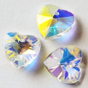 Lihvitud klaasripats Süda 10x10mm, kirgas/kuldne, AB läige, ava 1mm, 2 tk
