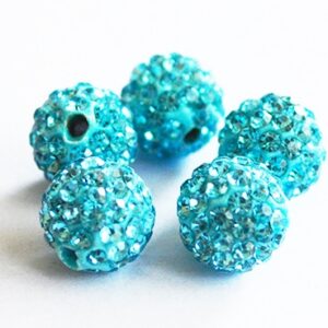 Shamballa-helmi strasseilla 10mm, vaaleansininen, reikä 1,5mm, pakkaus 2 kpl