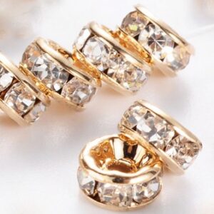 Бусины разделители со стразами, класс АAA, латунь, рондель, цвет light gold/crystal, размер: 5х2,5мм, отверстие 1мм, в упаковке 10 шт.