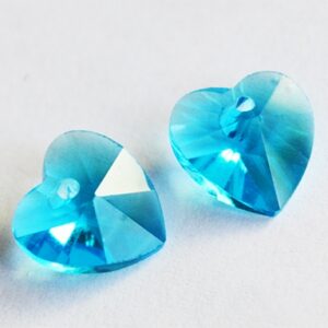 Lihvitud klaasripats Süda 10x10mm, sinine, ava 1mm,  2 tk