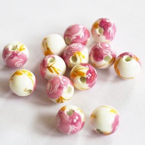Portselanhelmes 8mm roosa lillega, ümar, ava 2mm, 1 tk